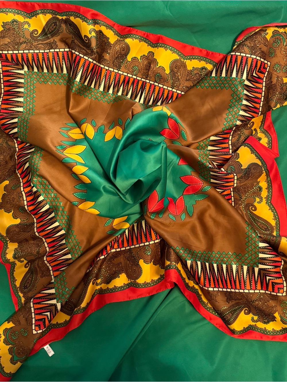 Colorful Printed Silk Scarf - Green, Brown, Yellow, Red